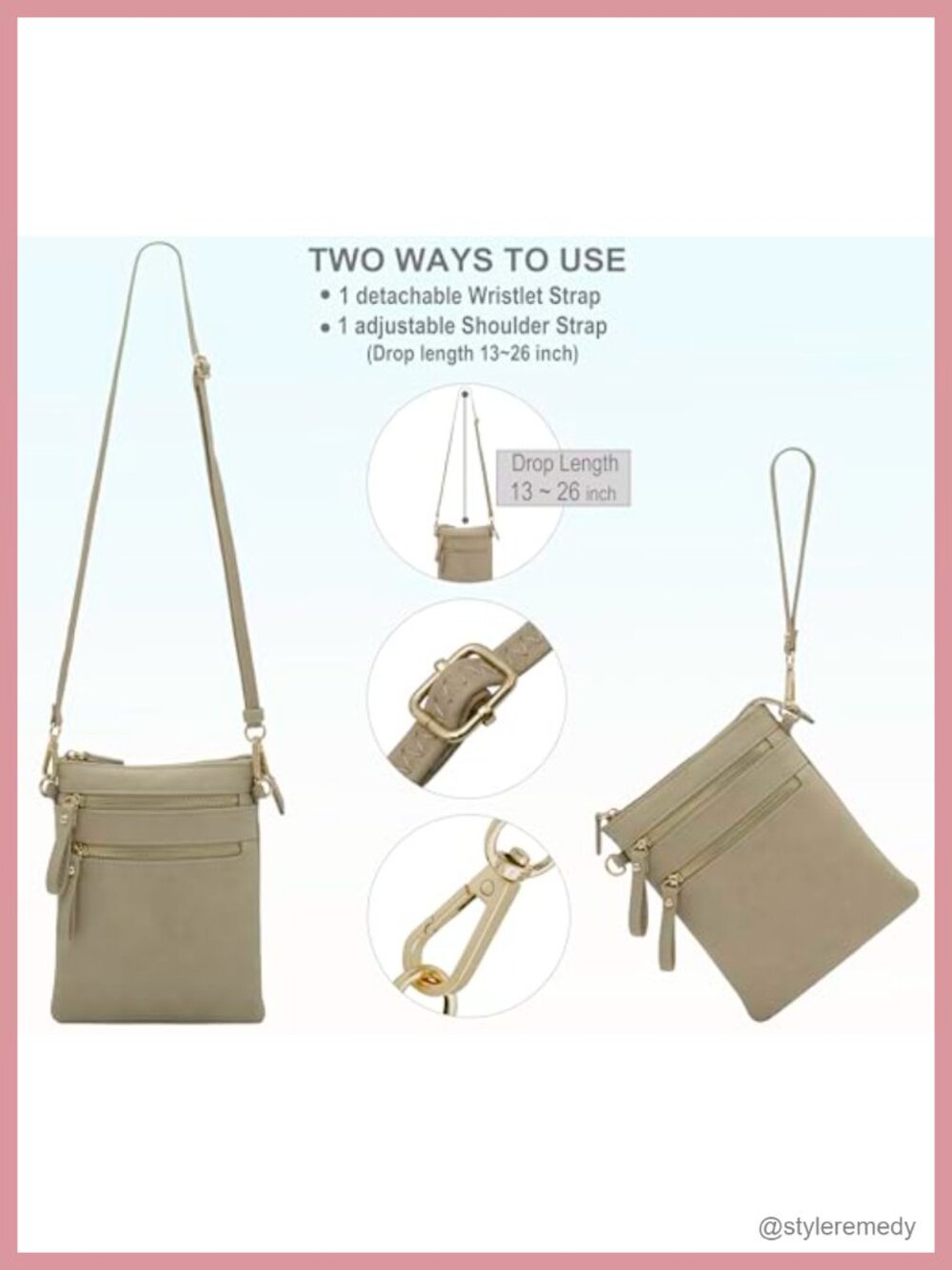 Faux Leather Crossbody Bag with Detachable Wristlet, Multi Zip Pockets - Picture 6 of 6